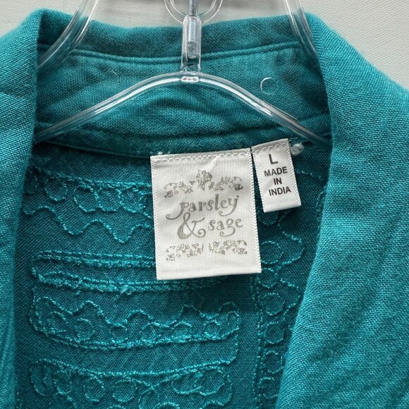 Parsley and Sage Size L Tunic Top 3/4-Sleeve Button-Up Embroidered Teal Blue - Picture 2 of 6